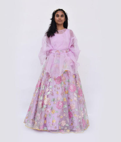 Lilac Embroidery Lehenga with Organza Cape for Girls