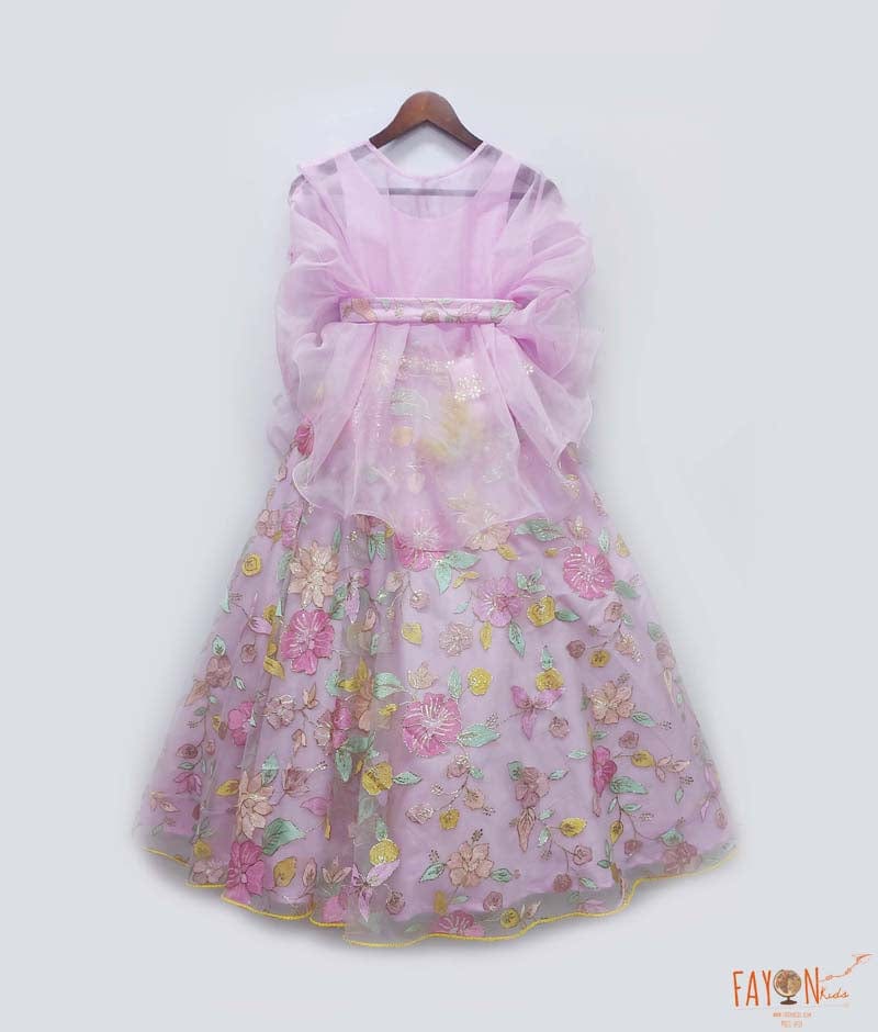 Lilac Embroidery Lehenga with Organza Cape for Girls
