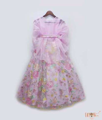 Lilac Embroidery Lehenga with Organza Cape for Girls