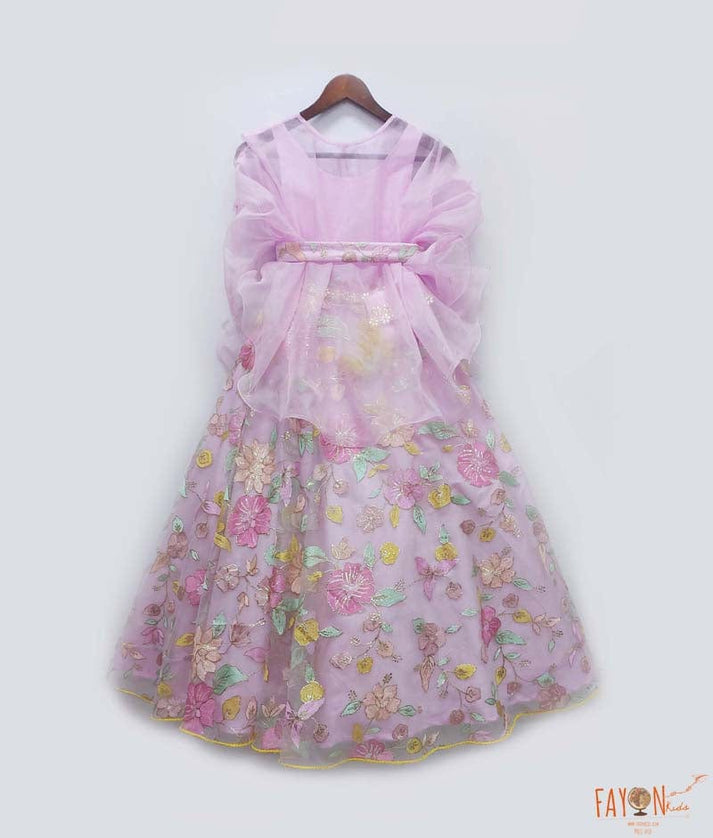 Lilac Embroidery Lehenga with Organza Cape for Girls
