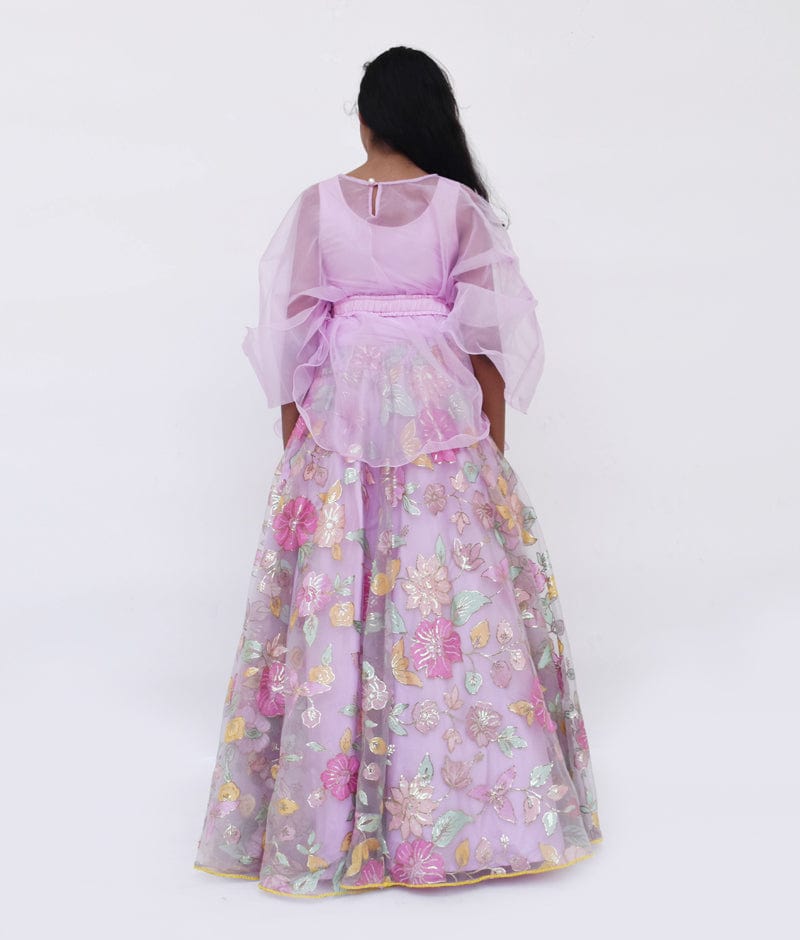 Lilac Embroidery Lehenga with Organza Cape for Girls