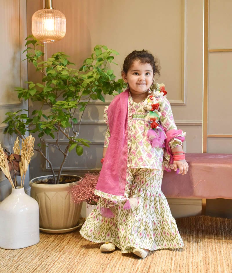 Half White with Pink Digital Print for Girls Sharara Suit Set – Seasons  Chennai