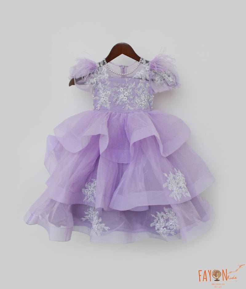 Lilac Net Gown with White Dori Embroidery for Girls