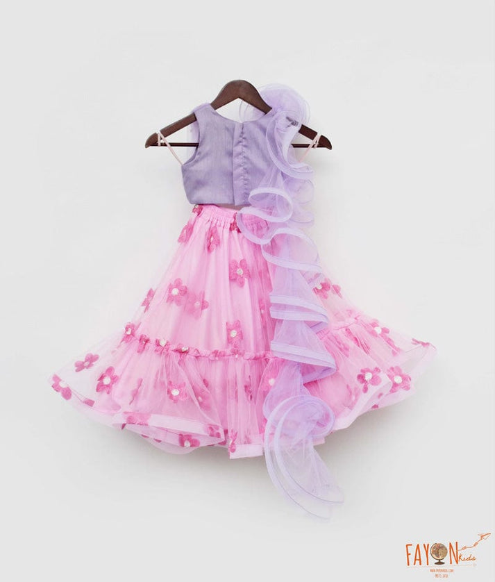 Lilac Net Pink Net Embroidery Lehenga with Choli Drape for Girls