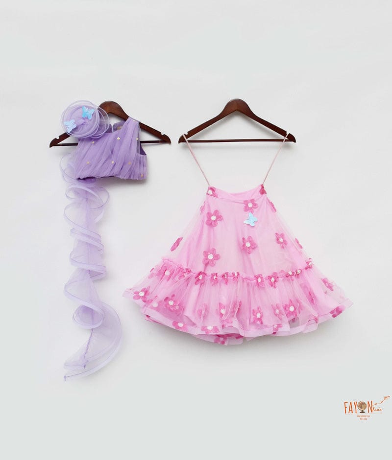 Lilac Net Pink Net Embroidery Lehenga with Choli Drape for Girls