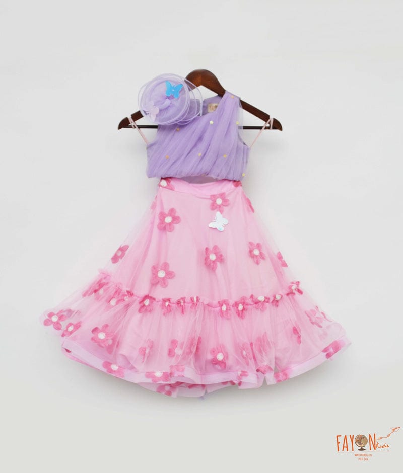 Fayon Kids Lilac Net Pink Net Embroidery Lehenga with Choli Drape for Girls