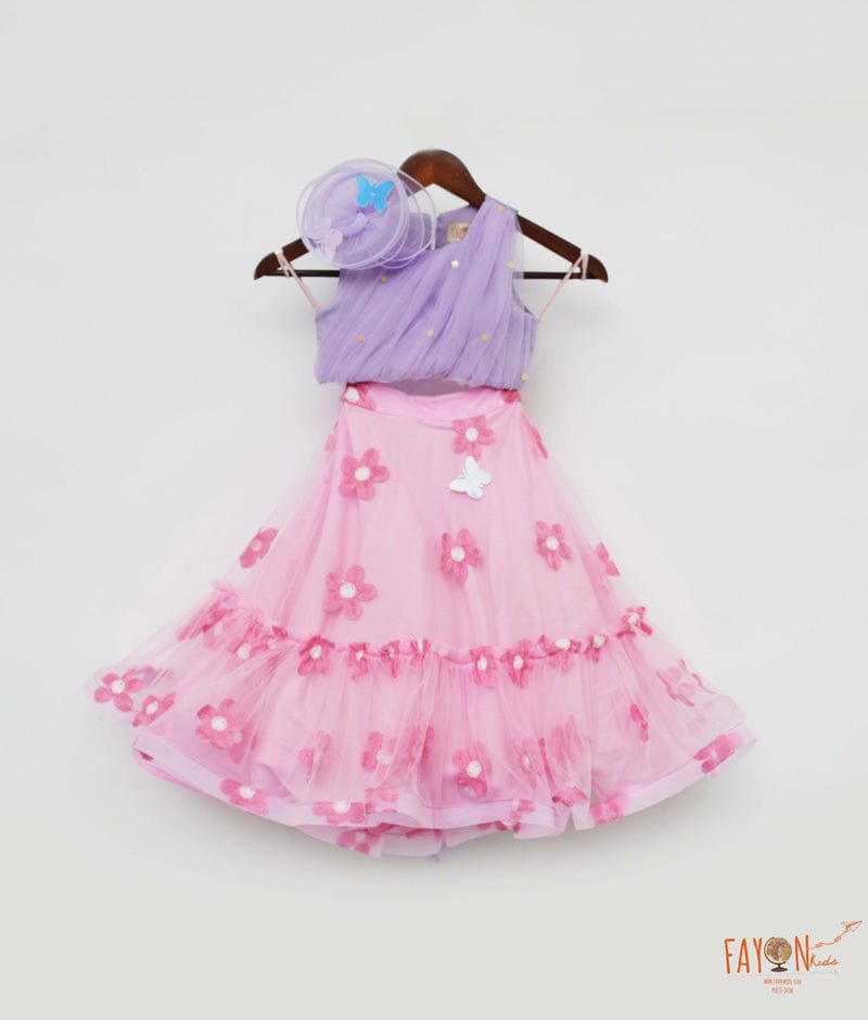 Lilac Net Pink Net Embroidery Lehenga with Choli Drape for Girls