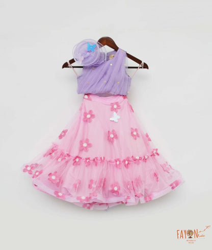 Lilac Net Pink Net Embroidery Lehenga with Choli Drape for Girls