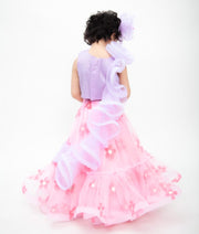 Lilac Net Pink Net Embroidery Lehenga with Choli Drape for Girls