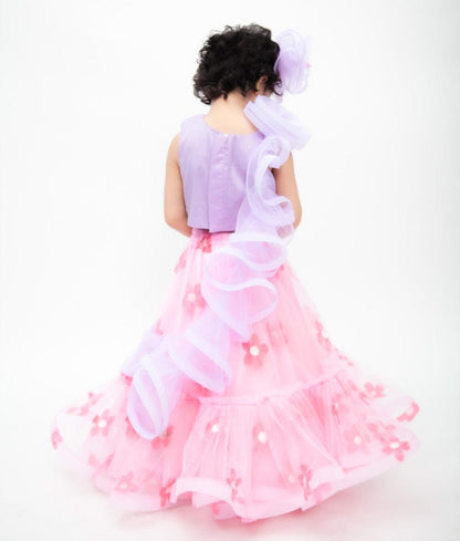 Lilac Net Pink Net Embroidery Lehenga with Choli Drape for Girls