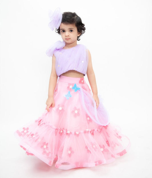 Fayon Kids Lilac Net Pink Net Embroidery Lehenga with Choli Drape for Girls