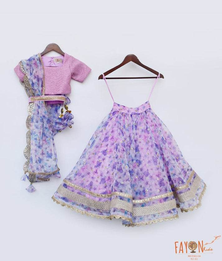 Lilac Organza Floral Printed Lehenga Choli Printed Dupatta for Girls