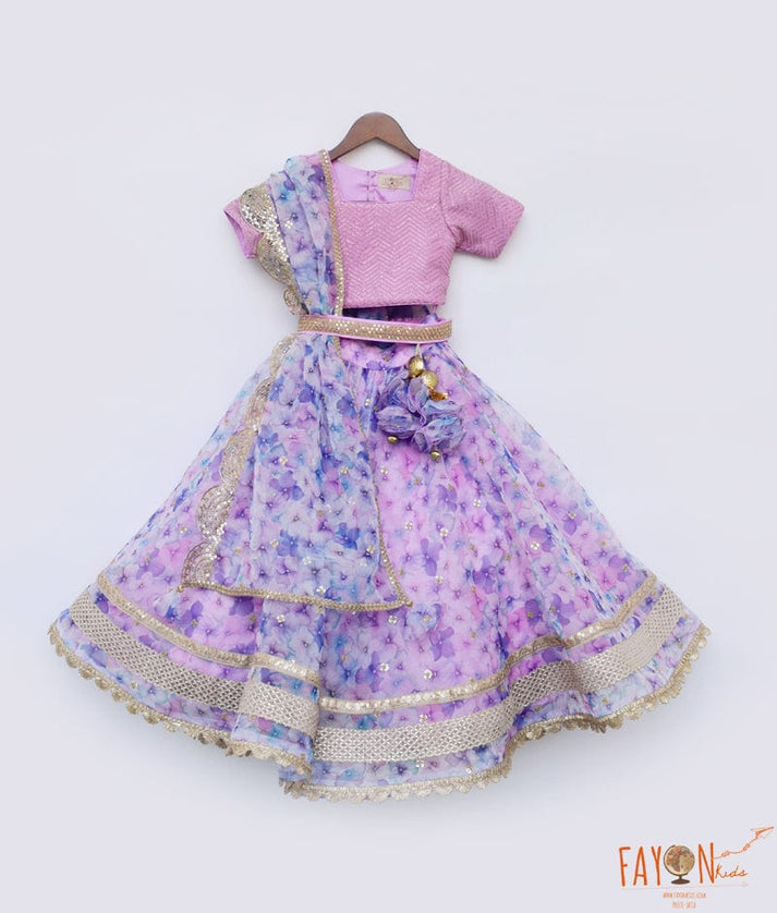 Lilac Organza Floral Printed Lehenga Choli Printed Dupatta for Girls