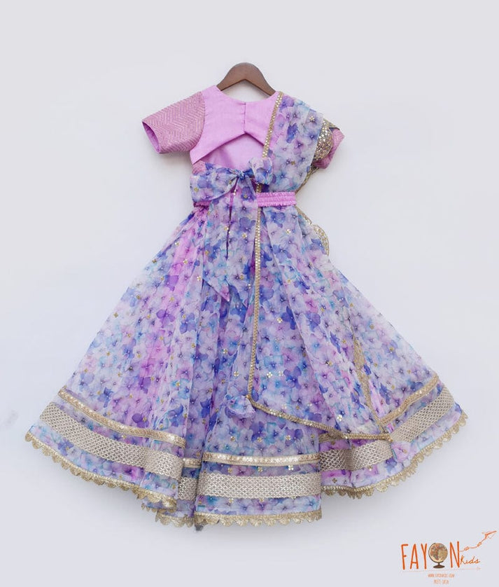 Lilac Organza Floral Printed Lehenga Choli Printed Dupatta for Girls