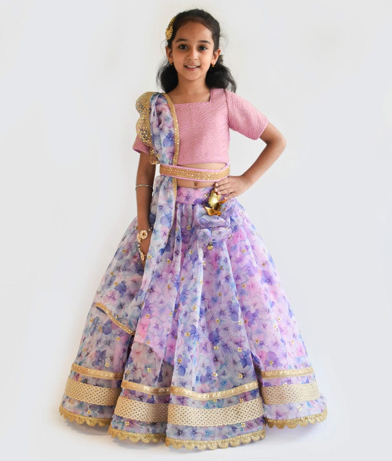 Fayon Kids Lilac Organza Floral Printed Lehenga Choli Printed Dupatta for Girls