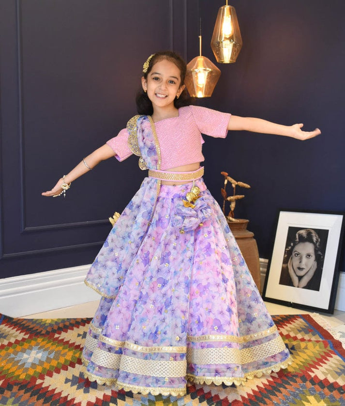 Lilac Organza Floral Printed Lehenga Choli Printed Dupatta for Girls