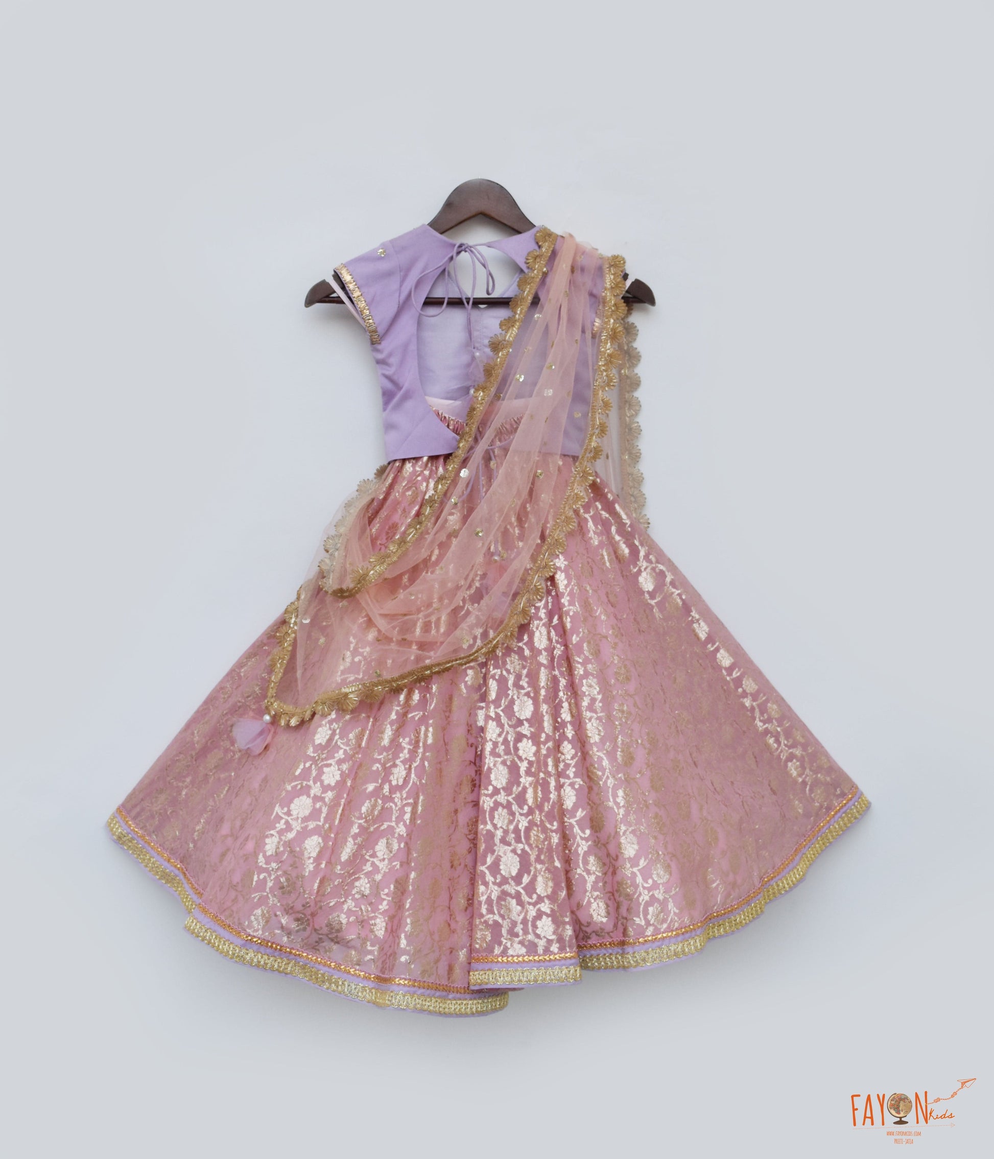 Lilac Pink Brocade Lehenga with Choli Boti Net Dupatta for Girls
