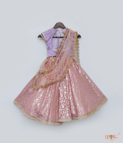 Lilac Pink Brocade Lehenga with Choli Boti Net Dupatta for Girls