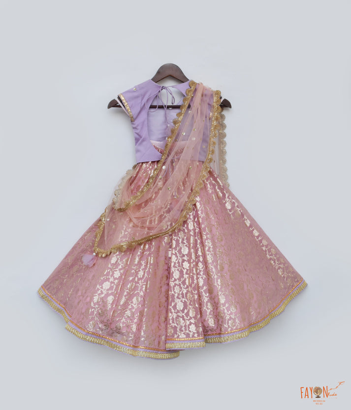 Lilac Pink Brocade Lehenga with Choli Boti Net Dupatta for Girls