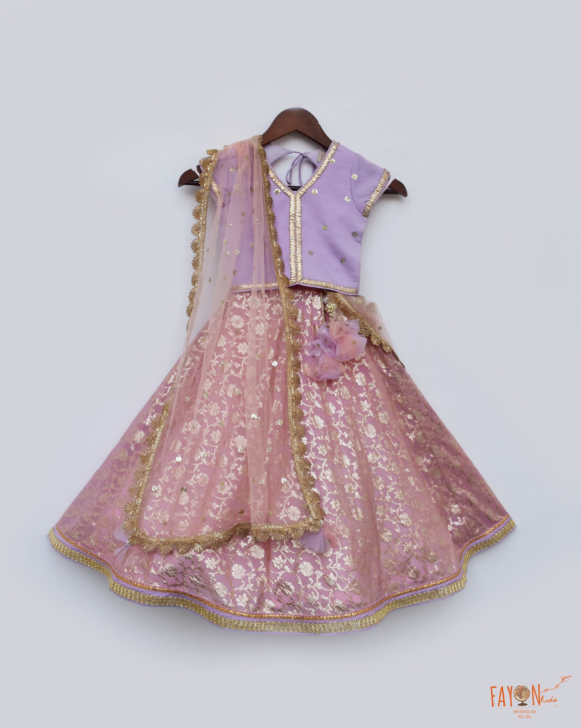 Lilac Pink Brocade Lehenga with Choli Boti Net Dupatta for Girls
