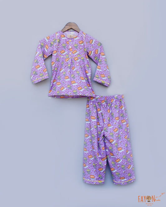 Fayon Kids Lilac Printed Night Shirt with Pajama for Girls