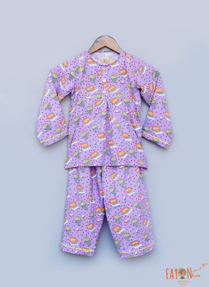 Fayon Kids Lilac Printed Night Shirt with Pajama for Girls