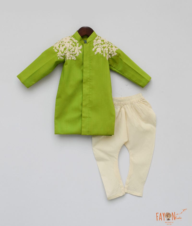 Fayon Kids Lime Green Embroidery Ajkan with Chudidar for Boys