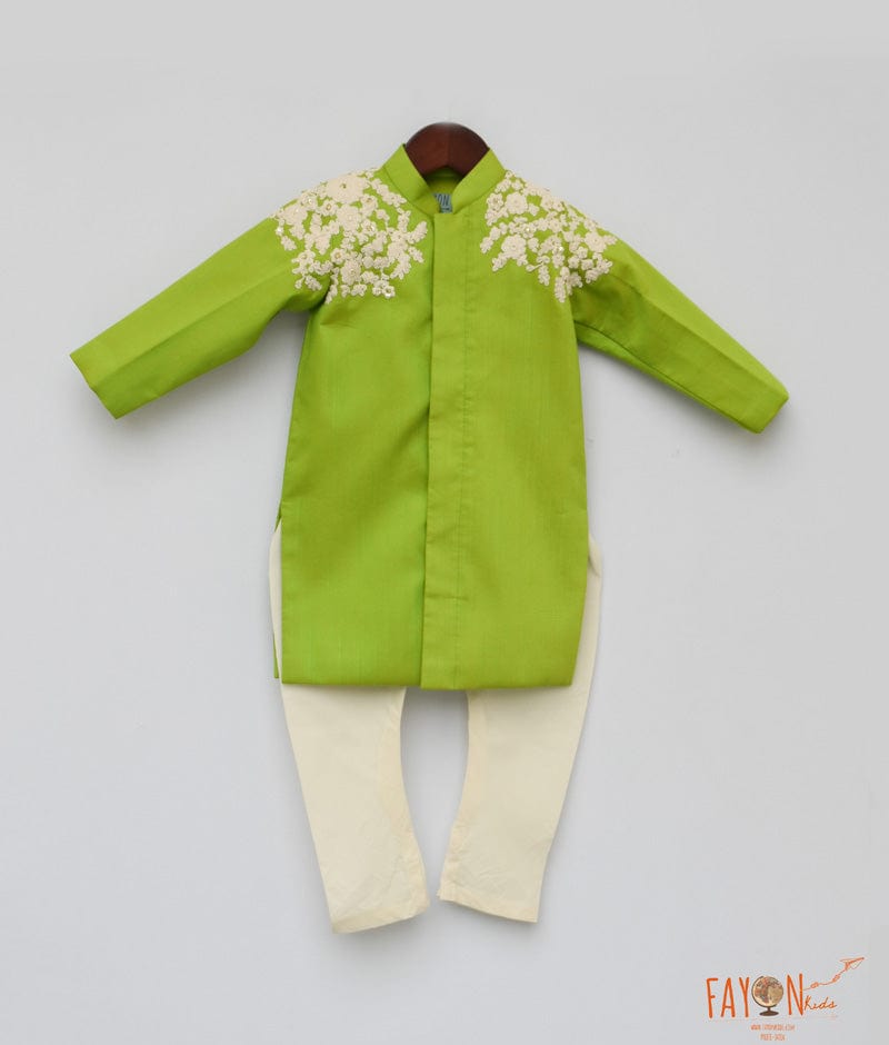 Fayon Kids Lime Green Embroidery Ajkan with Chudidar for Boys