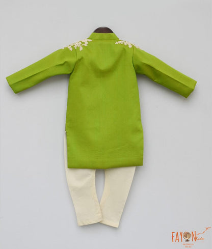 Fayon Kids Lime Green Embroidery Ajkan with Chudidar for Boys