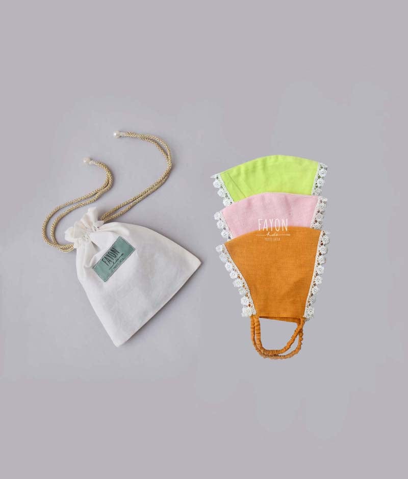 Fayon Kids Lime Green, Peach Orange Mask Set of 3 with Pouch