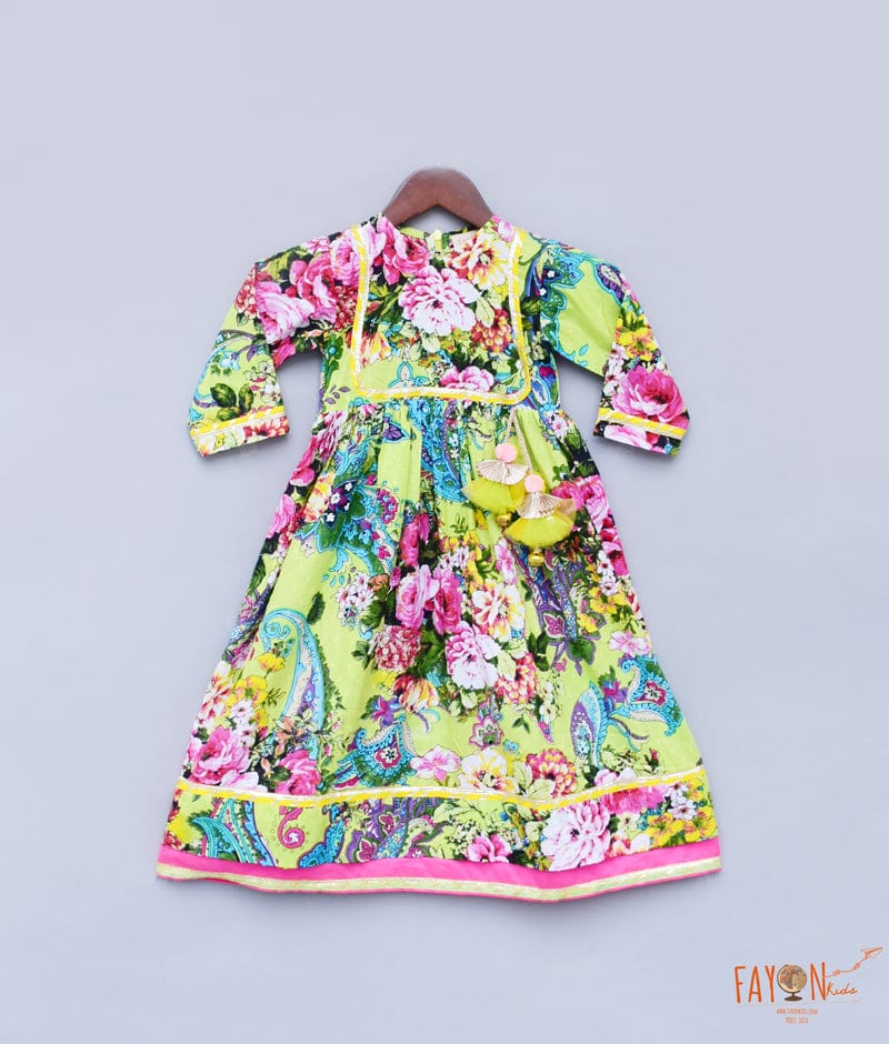 Fayon Kids Lime Green Printed Anarkali for Girls