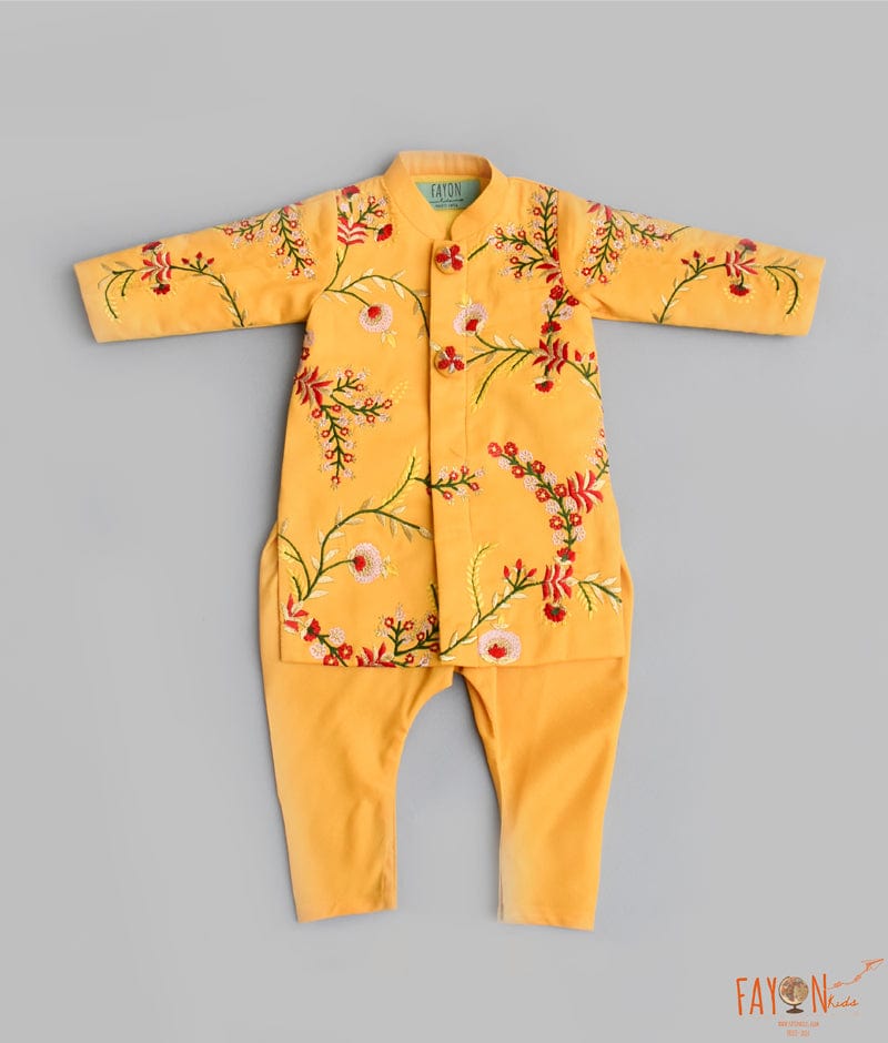 Fayon Kids Mango Yellow Embroidery Ajkan with Chudidar for Boys