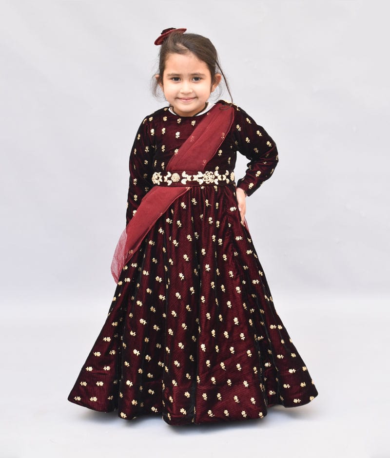 Maroon Boti Velvet Anarkali with Net Dupatta for Girls