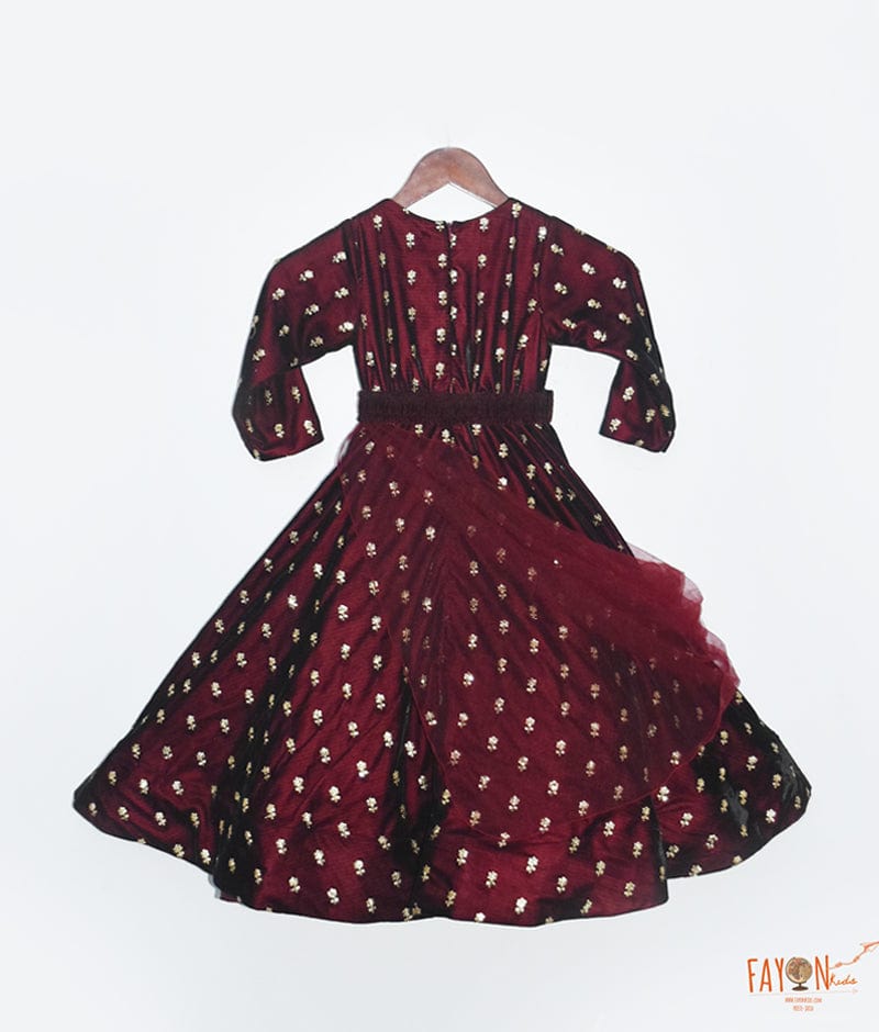 Maroon Boti Velvet Anarkali with Net Dupatta for Girls