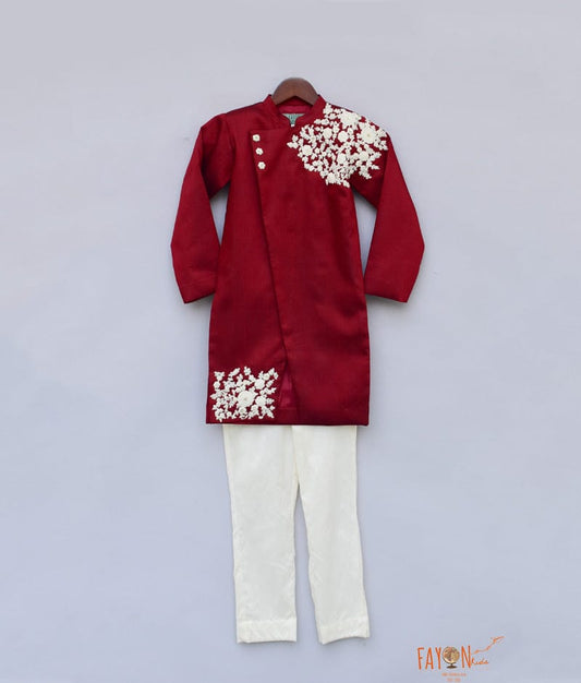 Fayon Kids Maroon Embroidery Ajkan with Chudidar for Boys