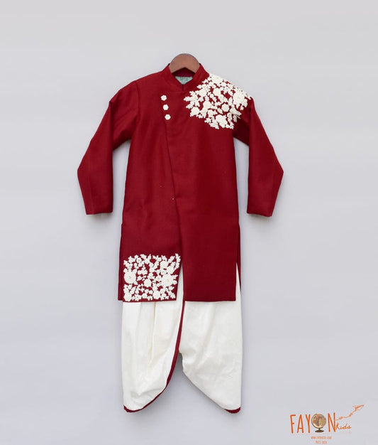 Fayon Kids Maroon Embroidery Ajkan with Dhoti for Boys