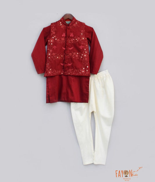 Fayon Kids Maroon Embroidery Jacket with Maroon Kurta Chudidar for Boys