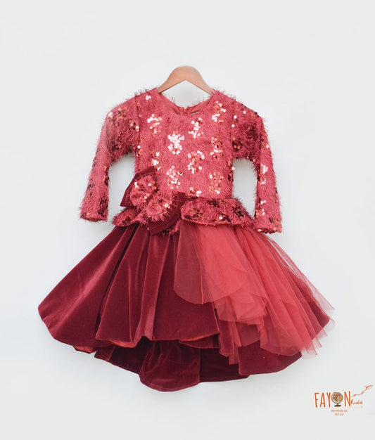Fayon Kids Maroon Sequin High Low Frock for Girls