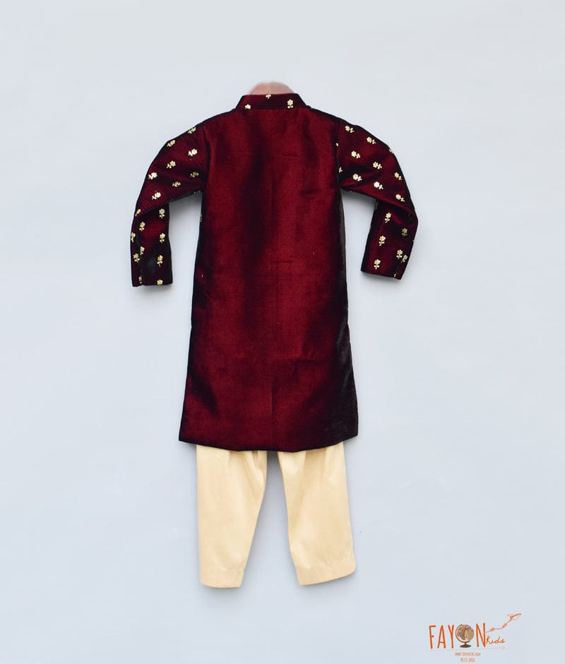 Fayon Kids Maroon Velvet Ajkan with Pant for Boys