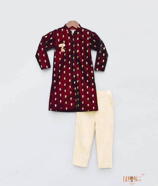 Fayon Kids Maroon Velvet Ajkan with Pant for Boys