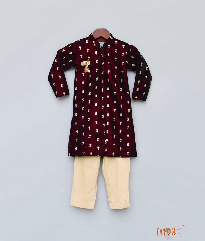 Fayon Kids Maroon Velvet Ajkan with Pant for Boys