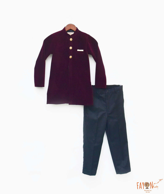 Fayon Kids Maroon Velvet Bandgala with Black Pant for Boys