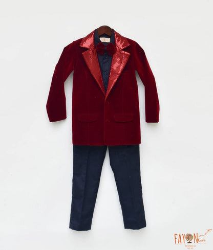 Fayon Kids Maroon Velvet Coat and Shirt Pant for Boys