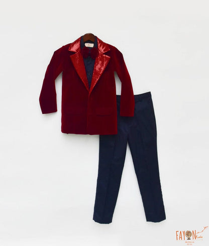 Fayon Kids Maroon Velvet Coat and Shirt Pant for Boys