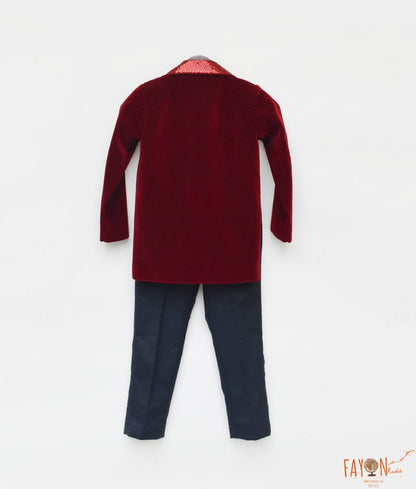 Fayon Kids Maroon Velvet Coat and Shirt Pant for Boys