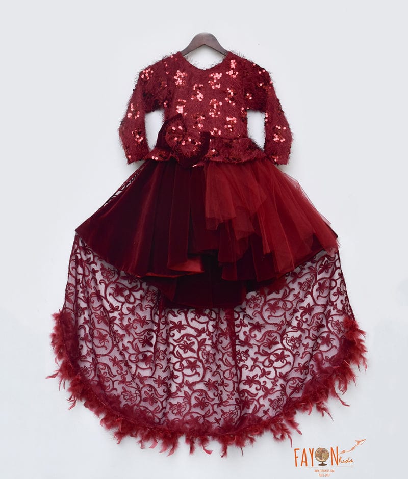 Fayon Kids Maroon Velvet High Low Gown for Girls