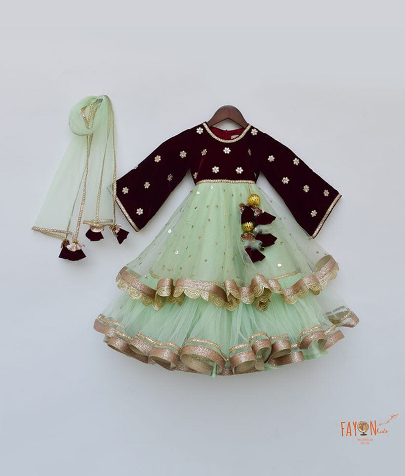Maroon Velvet Pista Green Net Anarkali with Net Dupatta for Girls