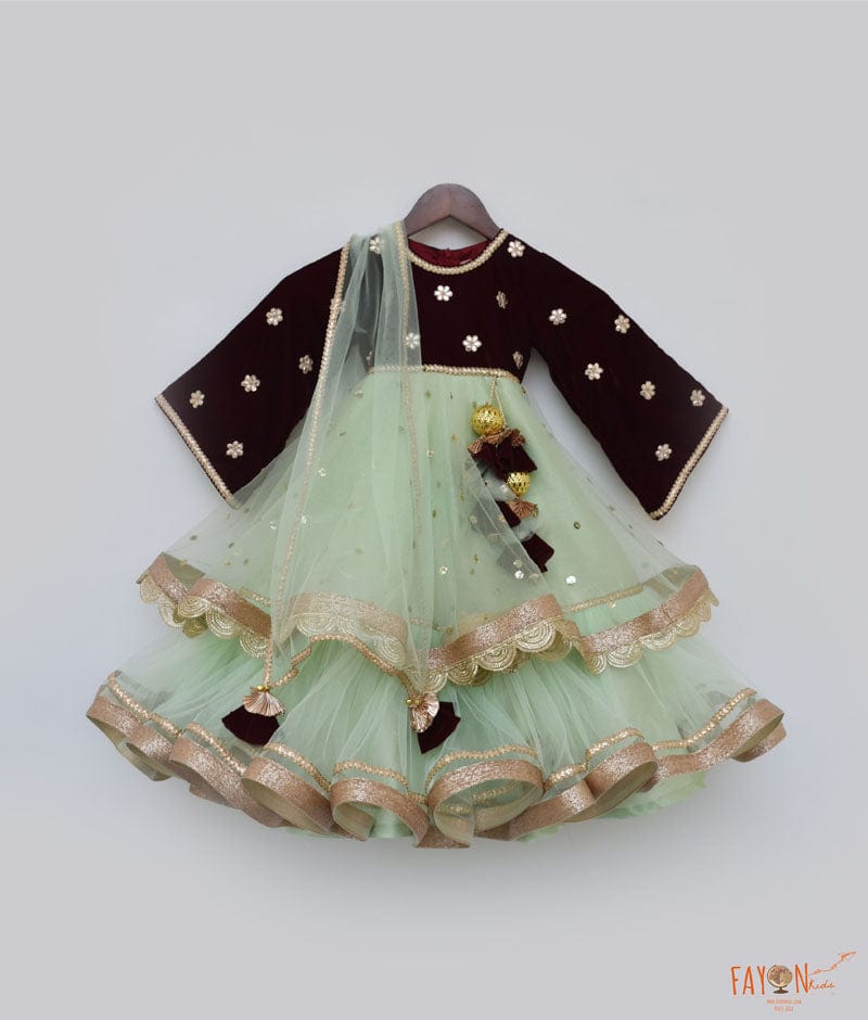 Maroon Velvet Pista Green Net Anarkali with Net Dupatta for Girls