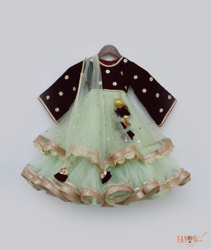 Maroon Velvet Pista Green Net Anarkali with Net Dupatta for Girls
