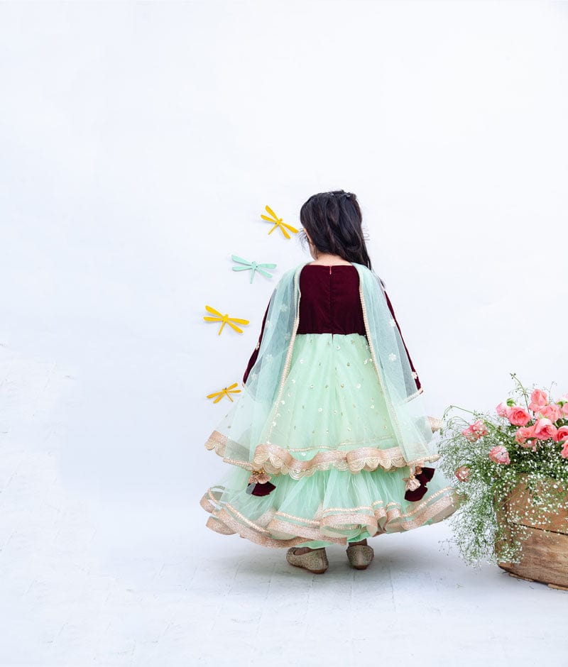 Maroon Velvet Pista Green Net Anarkali with Net Dupatta for Girls